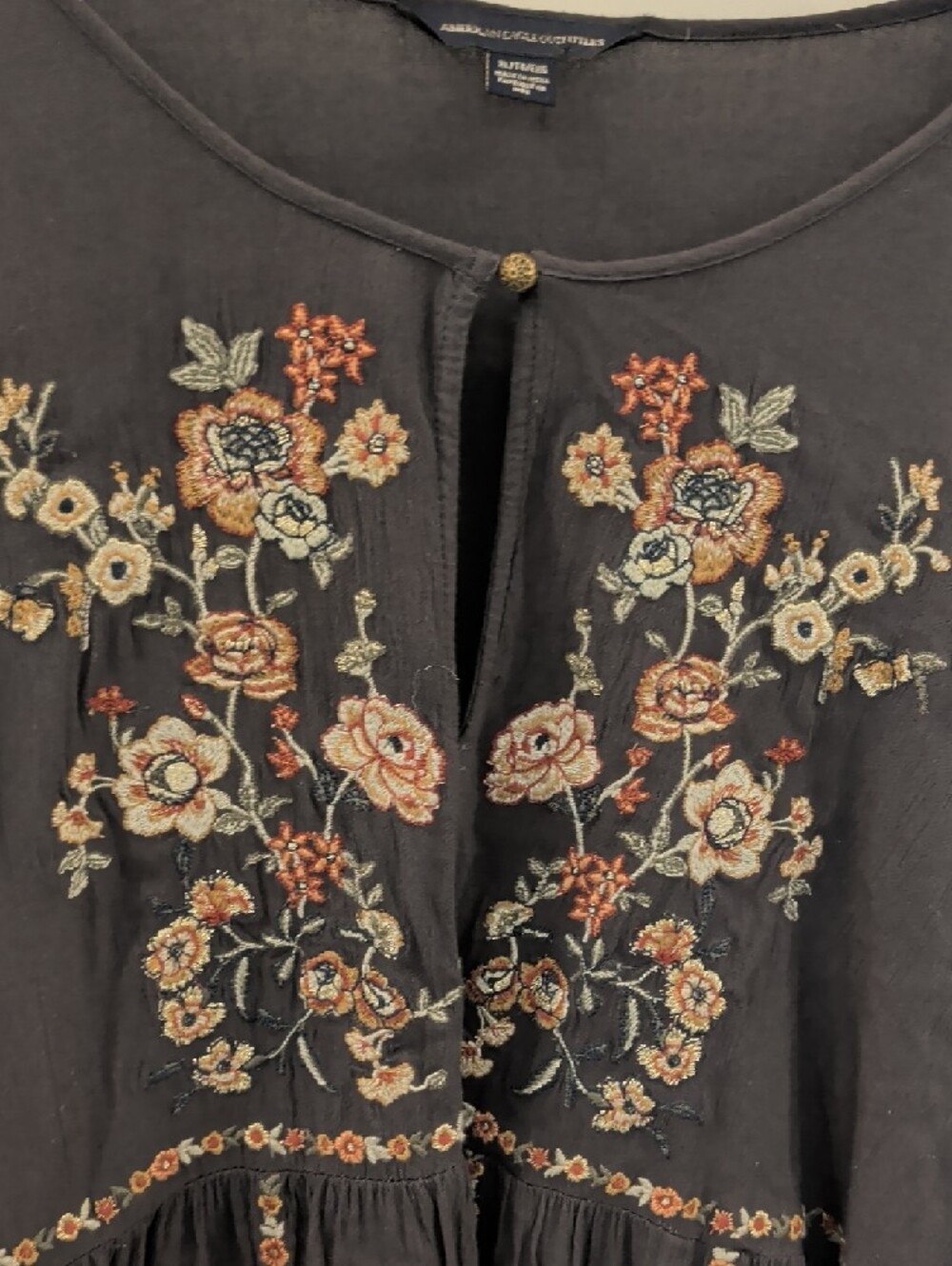American Eagle Outfitters Blue Gray Embroidered Floral Peasant Blouse - Picture 5 of 8